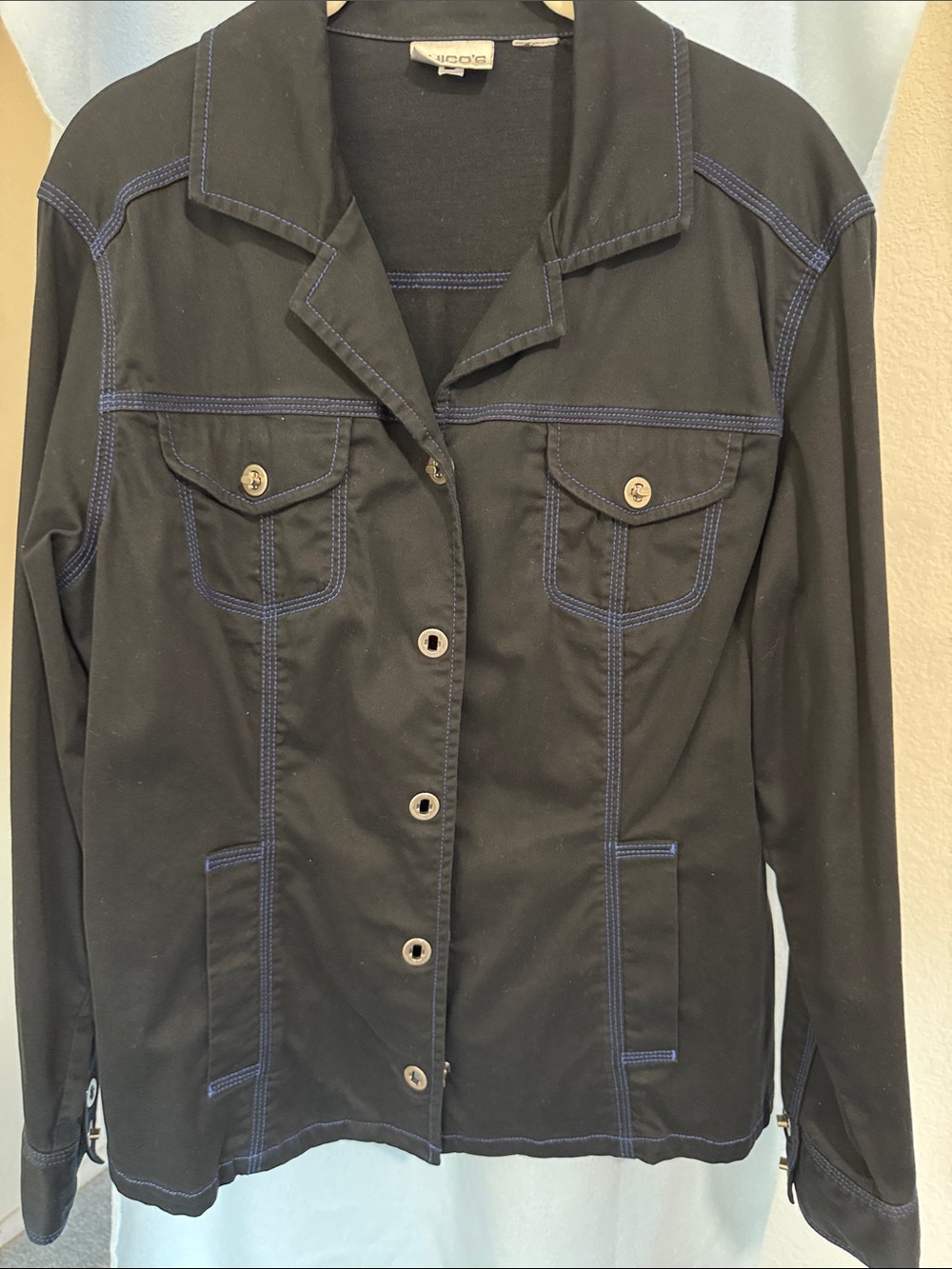 Chico's Black Jacket with Blue Contrast Stitching